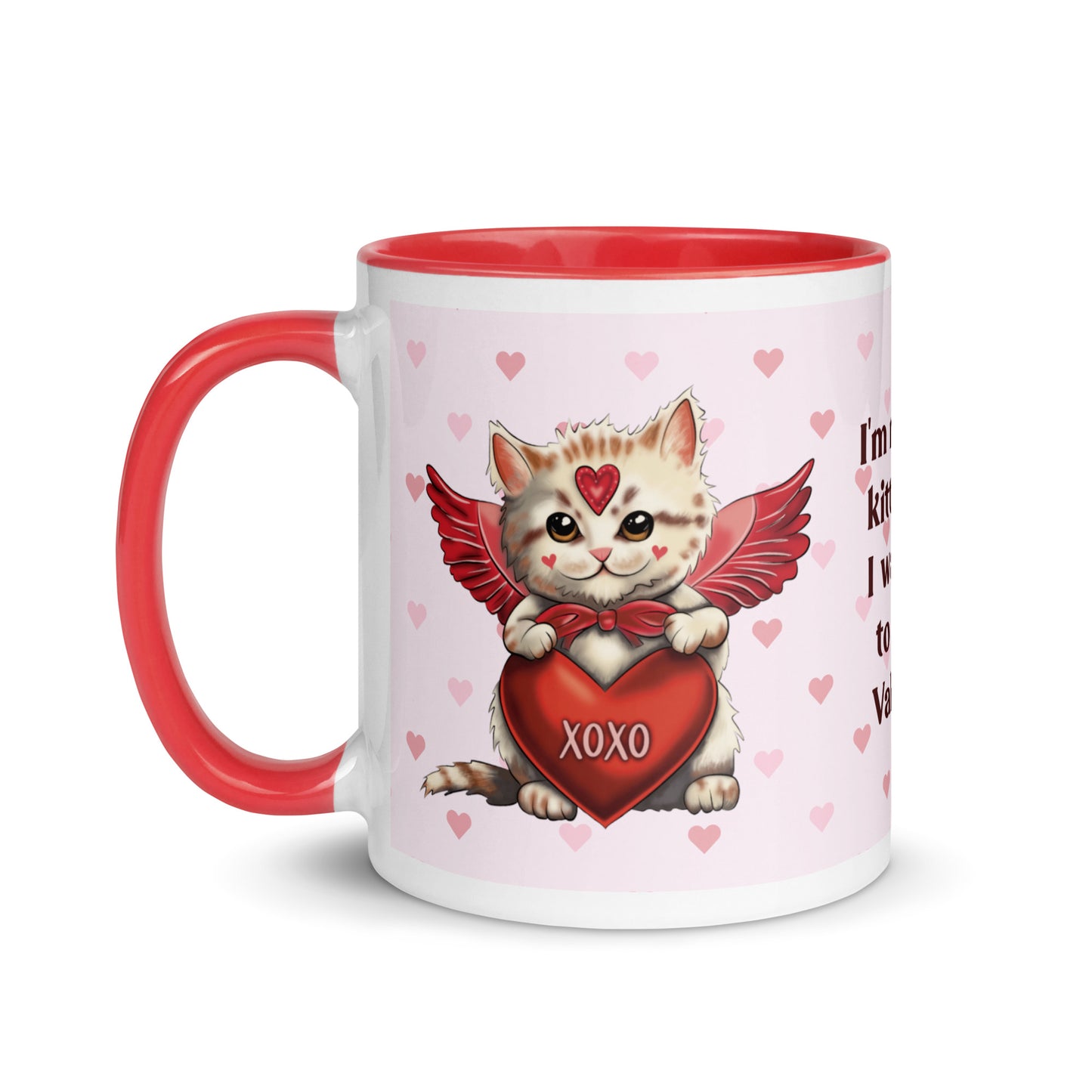 Valentine's Day Coffee Mug with Color Inside - Cupid Kitten Coffee Cup Cute Funny Design - Cat with Quote 11 oz. Drinkware Be Mine XOXO