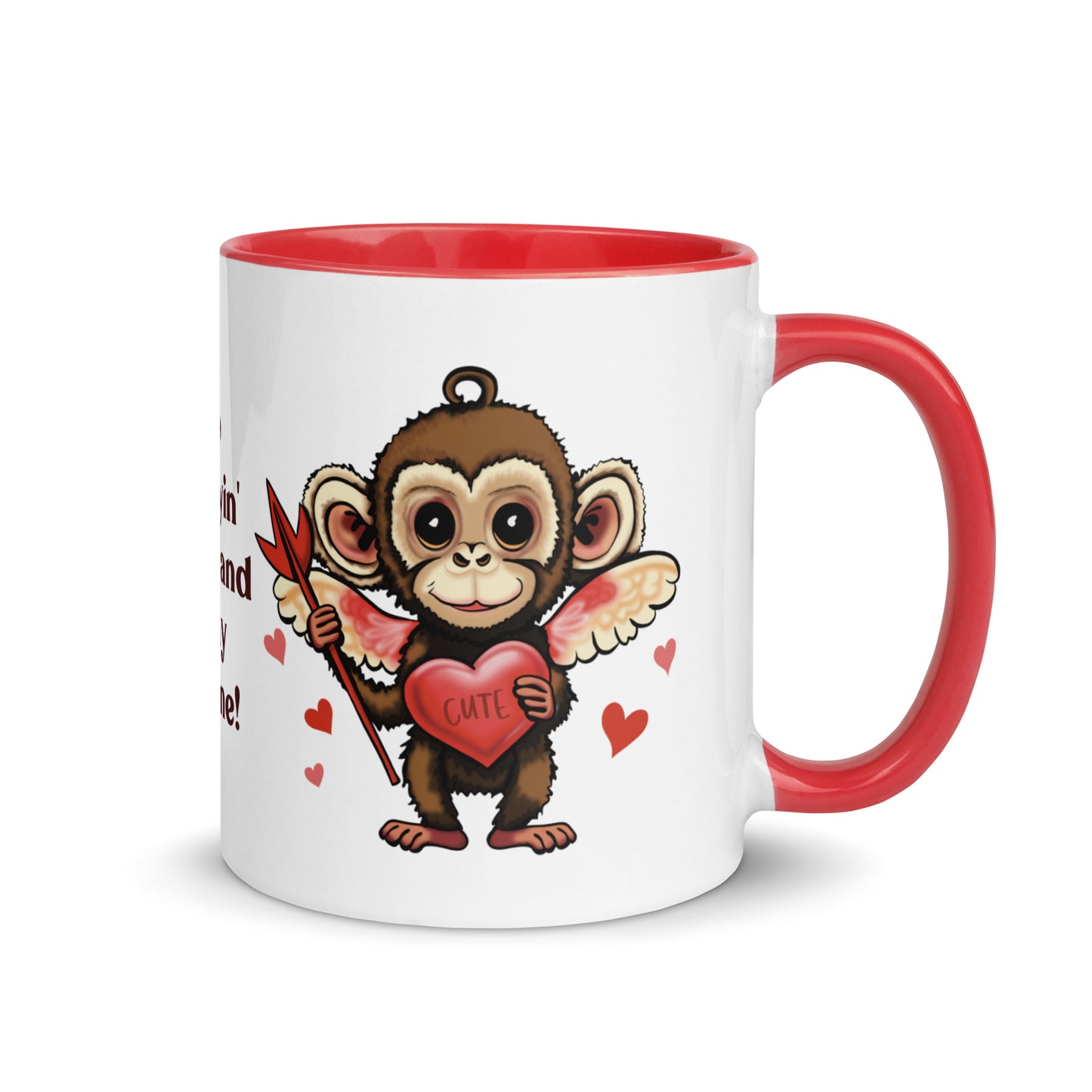 Valentine's Day Coffee Mug with Color Inside - Stop Monkeyin' Around Coffee Cup - Be Mine Hot Cocoa Mug - Animal with Quote 11 oz. Drinkware - Hearts XOXO Gift for Her - Cute Funny Silly Design