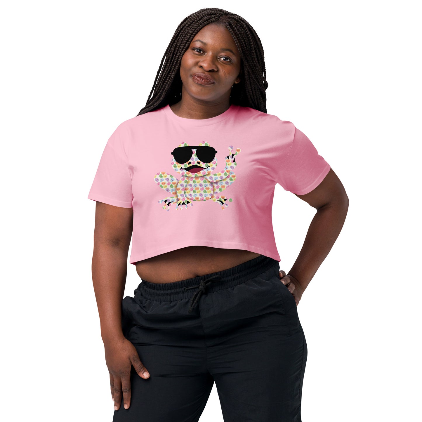 Women’s Crop T-Shirt - Valentine's Day Candy Hearts Rockin' Peace Frog Design Crop Top - Ladies Cropped Tee - 7 Colors Available