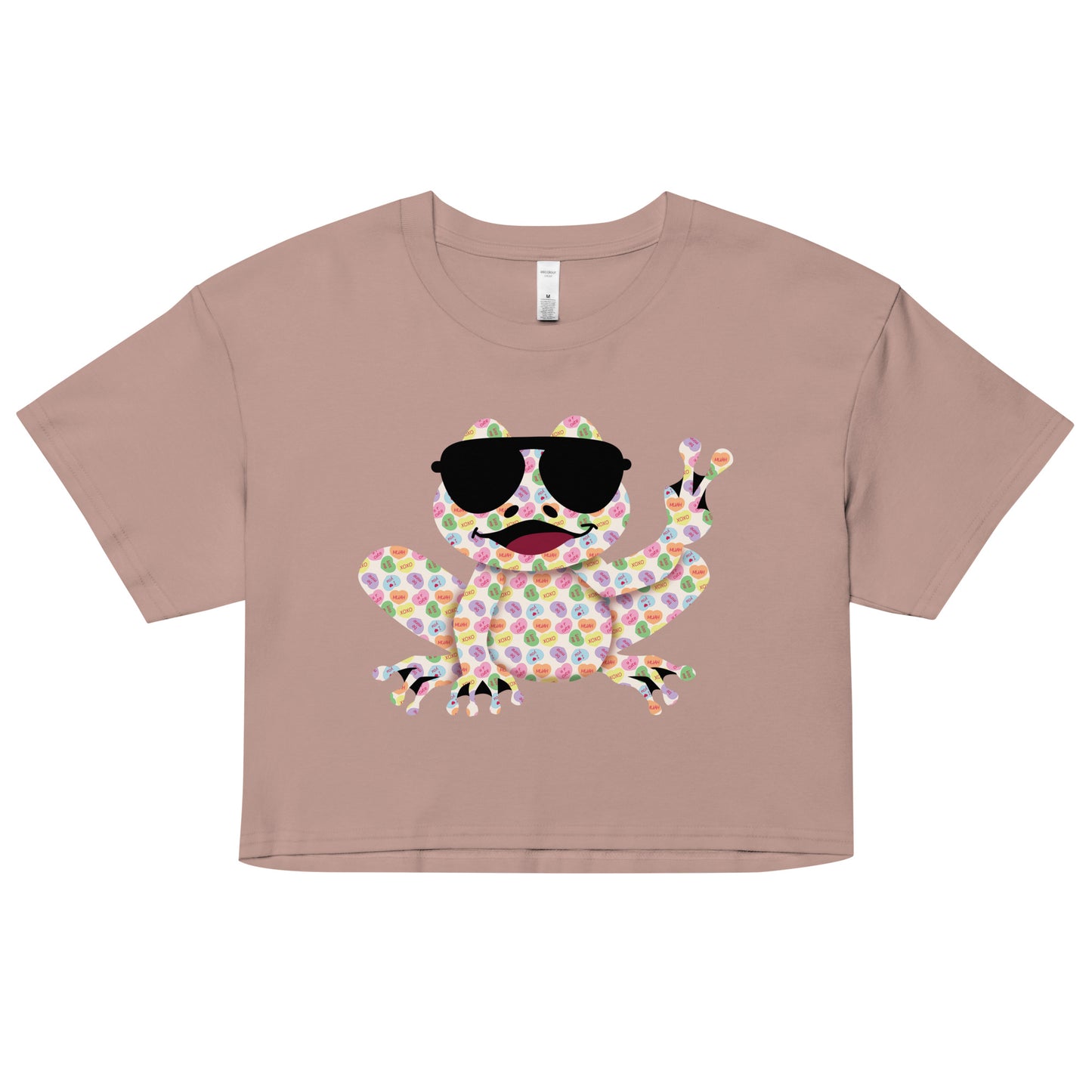 Women’s Crop T-Shirt - Valentine's Day Candy Hearts Rockin' Peace Frog Design Crop Top - Ladies Cropped Tee - 7 Colors Available