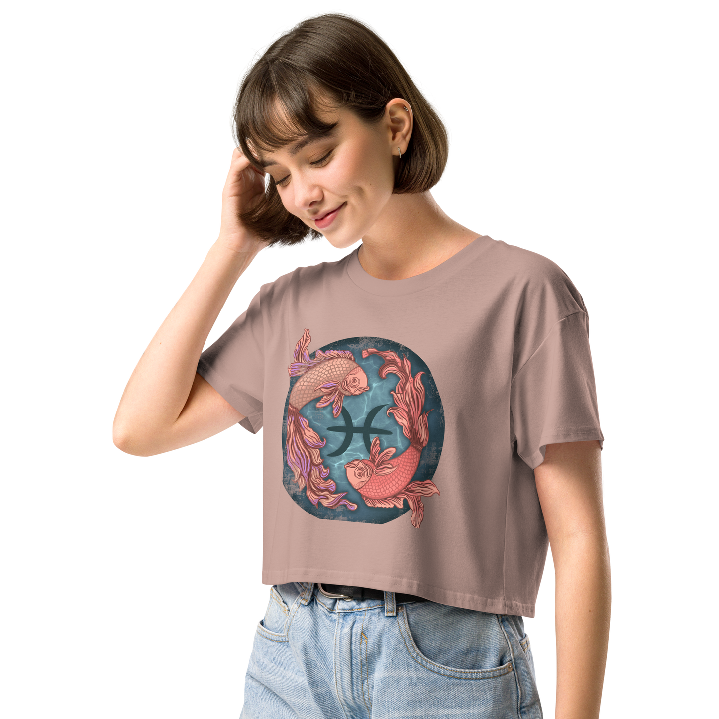 Pisces Women’s Crop Top, Ladies Cropped T Shirt, Zodiac Tee 2 Fish Swimming, Birthday Gift for Her