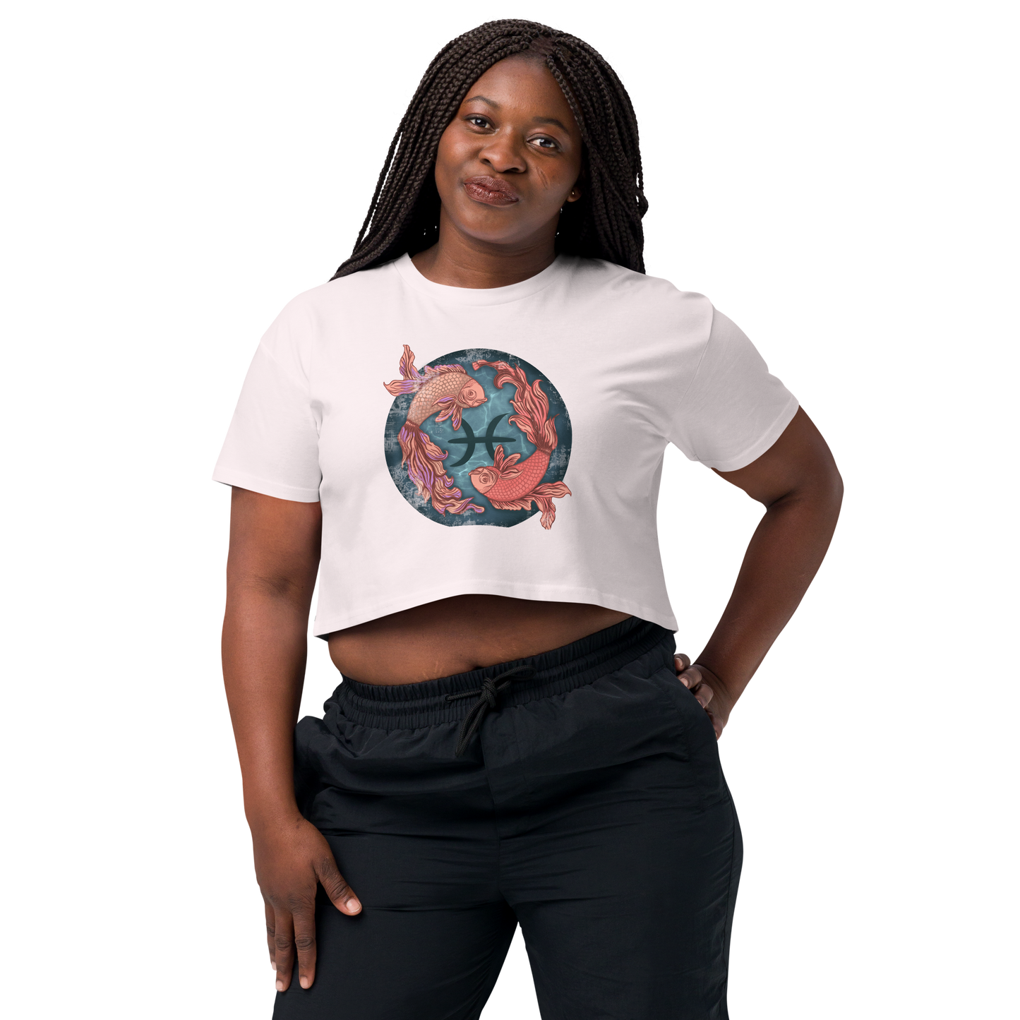 Pisces Women’s Crop Top, Ladies Cropped T Shirt, Zodiac Tee 2 Fish Swimming, Birthday Gift for Her