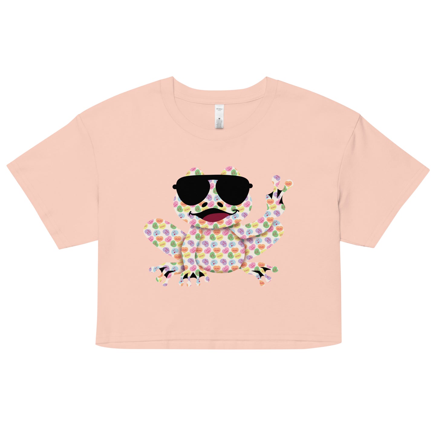 Women’s Crop T-Shirt - Valentine's Day Candy Hearts Rockin' Peace Frog Design Crop Top - Ladies Cropped Tee - 7 Colors Available