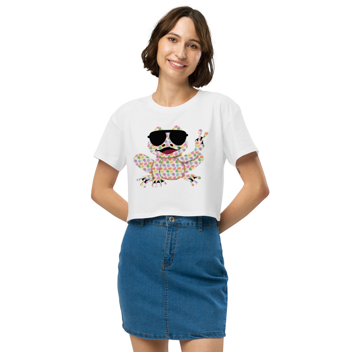 Women’s Crop T-Shirt - Valentine's Day Candy Hearts Rockin' Peace Frog Design Crop Top - Ladies Cropped Tee - 7 Colors Available