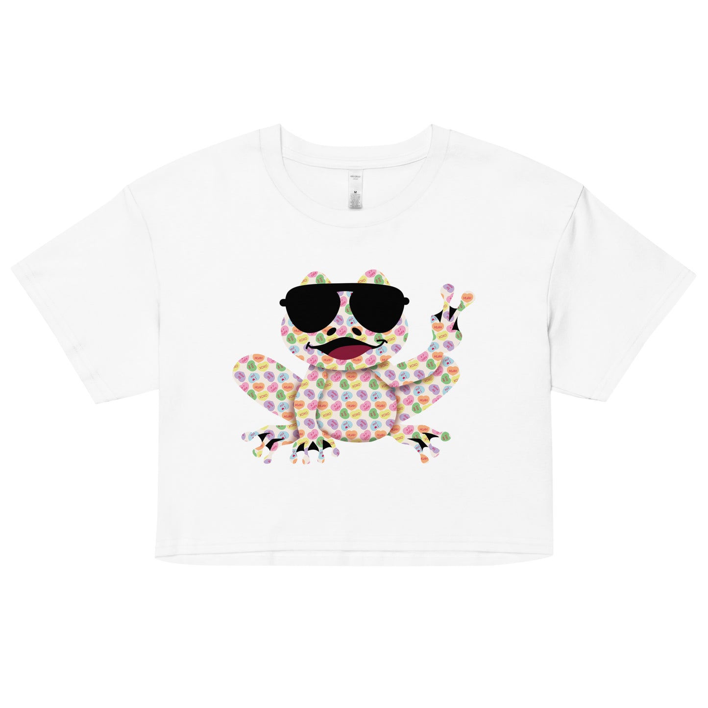 Women’s Crop T-Shirt - Valentine's Day Candy Hearts Rockin' Peace Frog Design Crop Top - Ladies Cropped Tee - 7 Colors Available