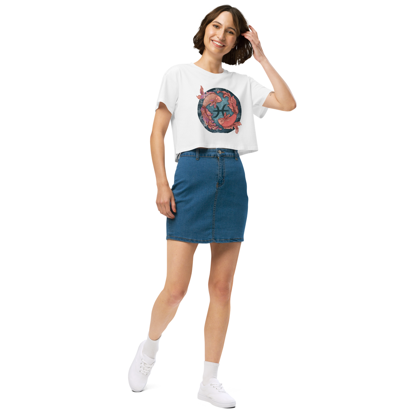 Pisces Women’s Crop Top, Ladies Cropped T Shirt, Zodiac Tee 2 Fish Swimming, Birthday Gift for Her