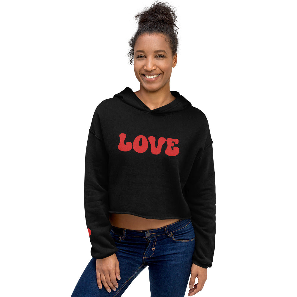 Valentine's Day Women's Crop Hoodie - LOVE Heart on Sleeve Hooded Sweatshirt for Ladies - Casual Long Sleeved Graphic Shirt