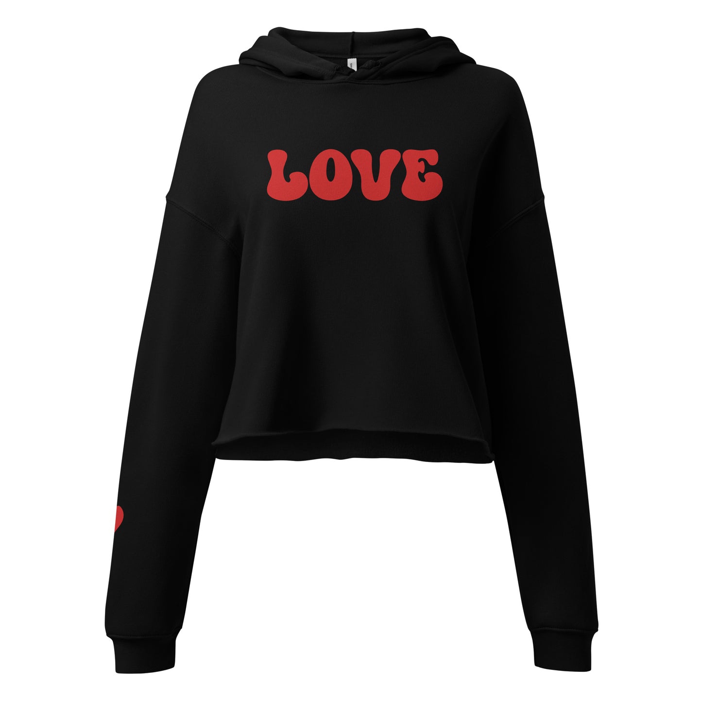 Valentine's Day Women's Crop Hoodie - LOVE Heart on Sleeve Hooded Sweatshirt for Ladies - Casual Long Sleeved Graphic Shirt