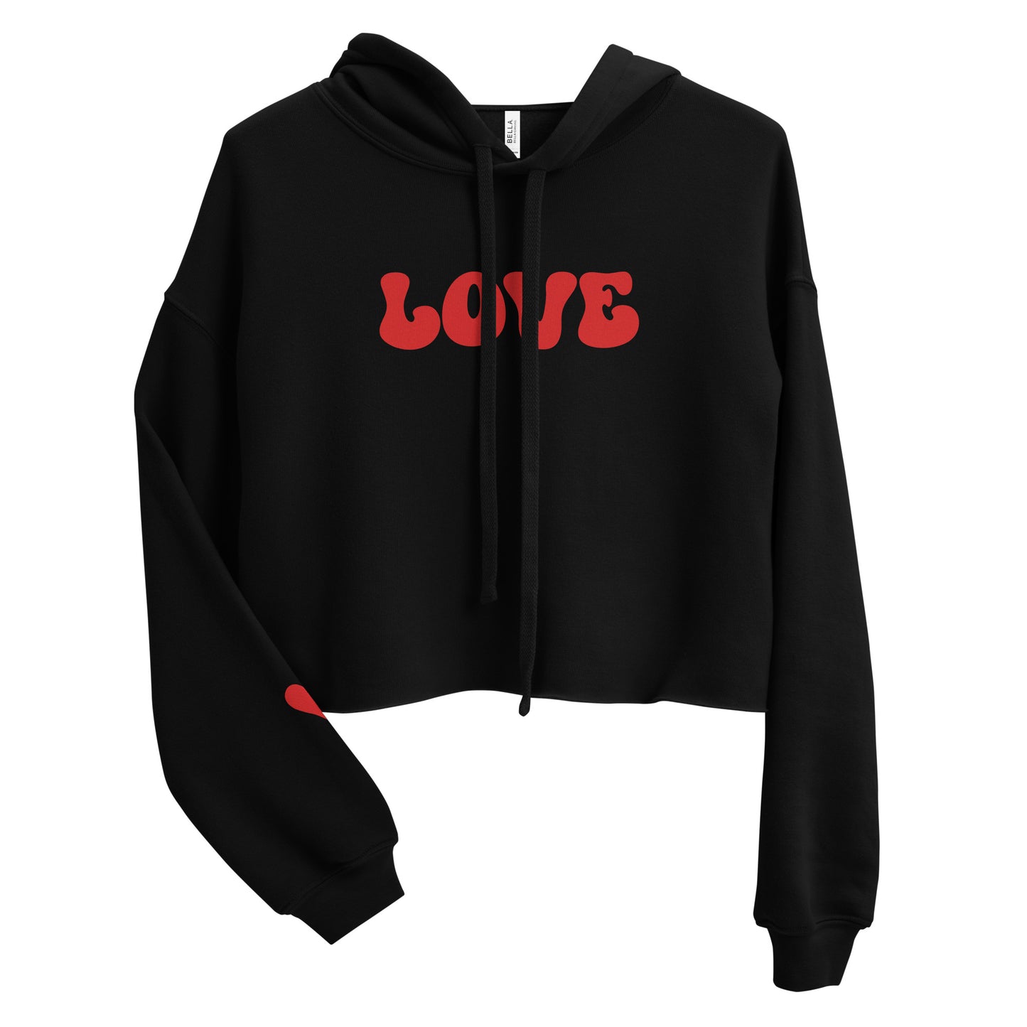 Valentine's Day Women's Crop Hoodie - LOVE Heart on Sleeve Hooded Sweatshirt for Ladies - Casual Long Sleeved Graphic Shirt