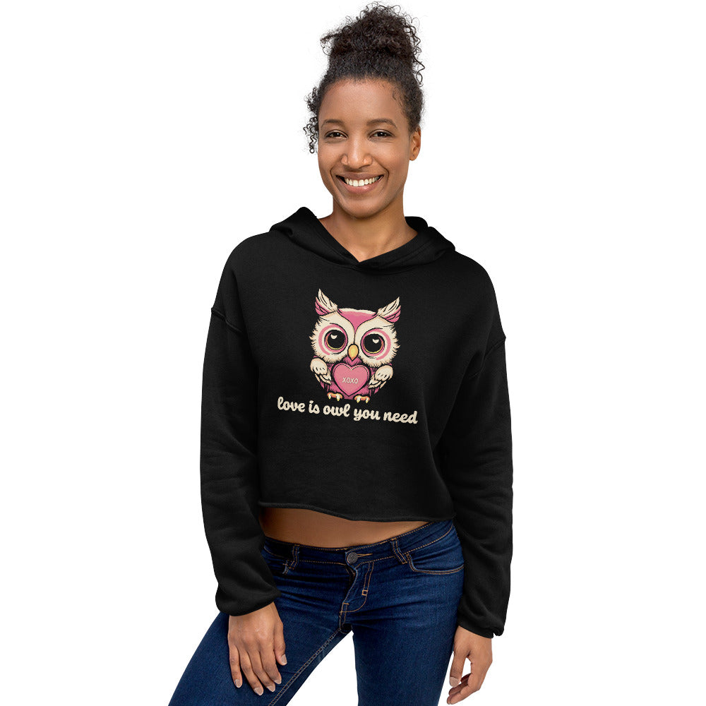 Women's Valentine's Day Cropped Hoodie, Love is Owl You Need - Cute Owl Graphic Crop Hooded Sweatshirt for Ladies