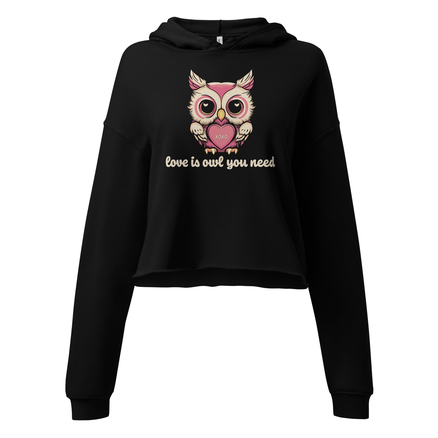 Women's Valentine's Day Cropped Hoodie, Love is Owl You Need - Cute Owl Graphic Crop Hooded Sweatshirt for Ladies