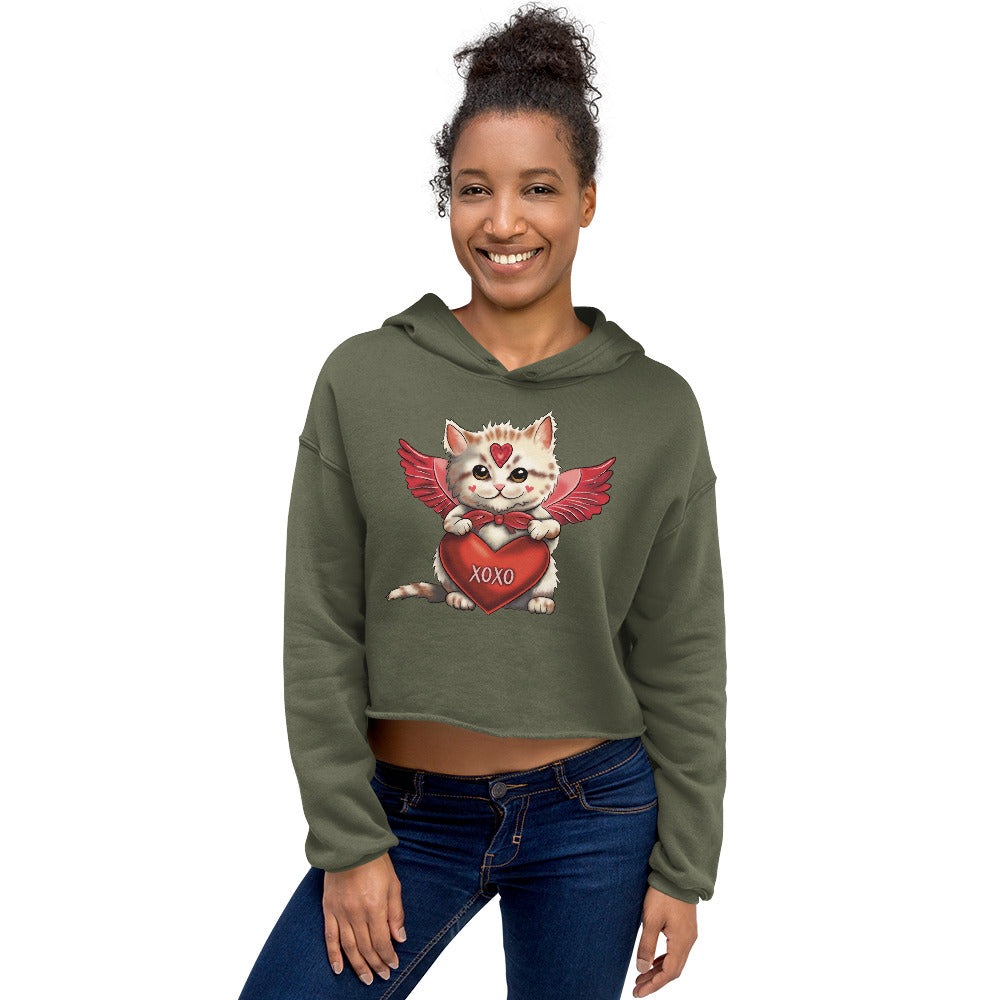 Women's Valentine's Day Crop Hoodie, Cupid Kitten Cropped Hooded Sweatshirt - XOXO Heart Cat Graphic Long Sleeve Shirt for Ladies