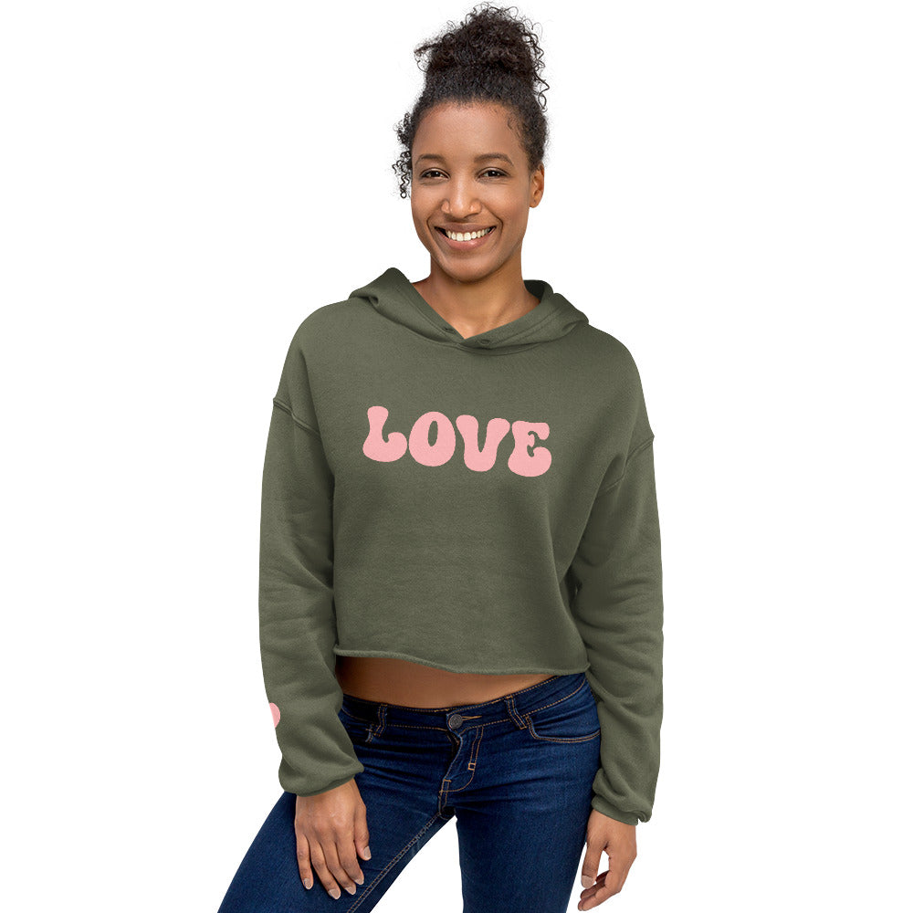 Valentine's Day Women's Crop Hoodie - LOVE Heart on Sleeve Hooded Sweatshirt for Ladies - Casual Long Sleeved Graphic Shirt