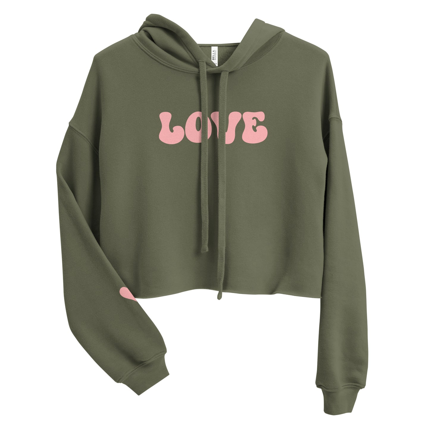 Valentine's Day Women's Crop Hoodie - LOVE Heart on Sleeve Hooded Sweatshirt for Ladies - Casual Long Sleeved Graphic Shirt