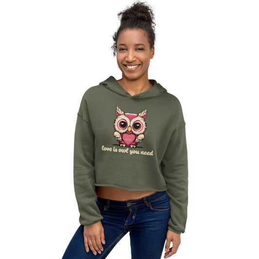 Women's Valentine's Day Cropped Hoodie, Love is Owl You Need - Cute Owl Graphic Crop Hooded Sweatshirt for Ladies