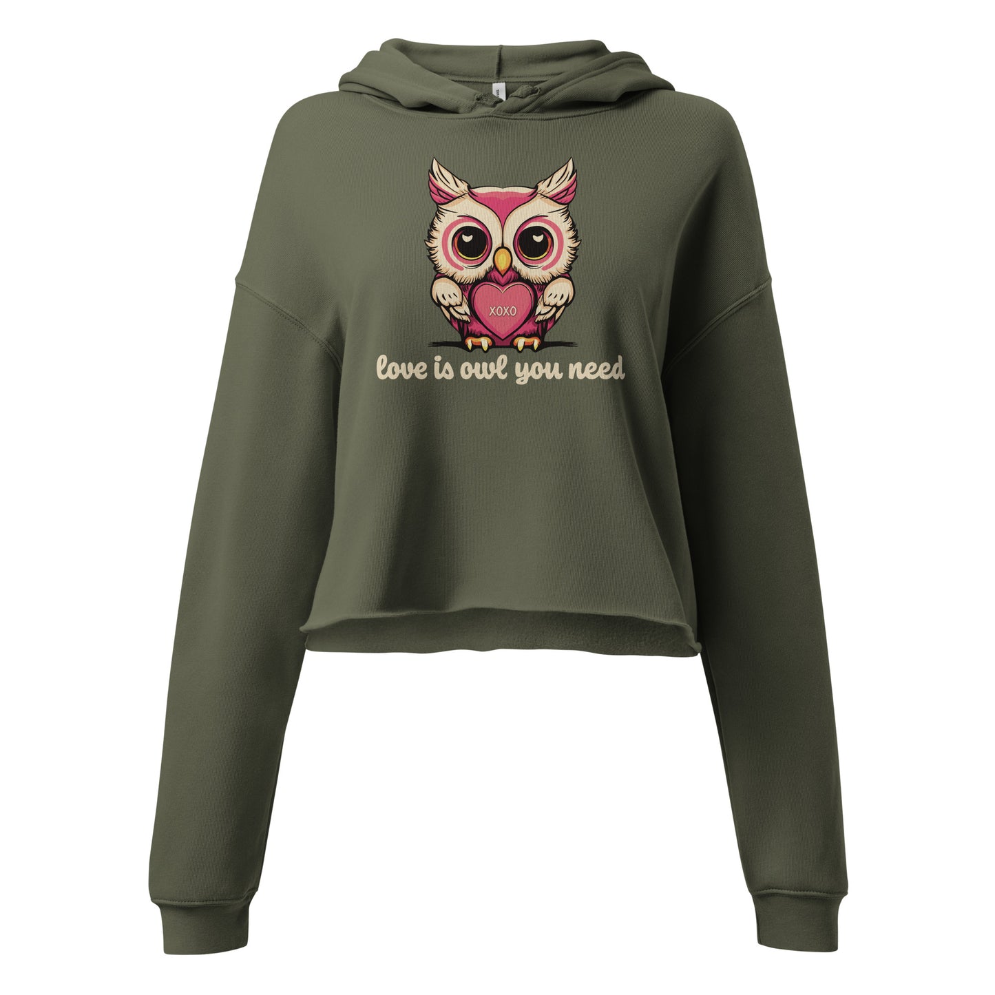 Women's Valentine's Day Cropped Hoodie, Love is Owl You Need - Cute Owl Graphic Crop Hooded Sweatshirt for Ladies