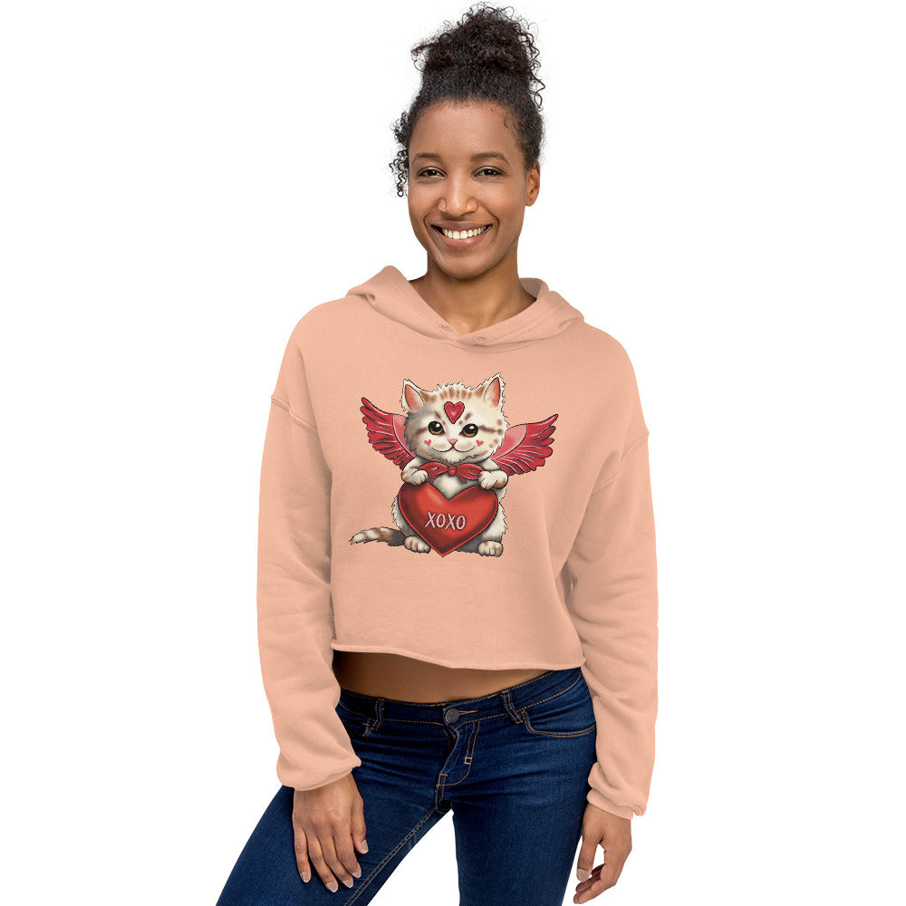 Women's Valentine's Day Crop Hoodie, Cupid Kitten Cropped Hooded Sweatshirt - XOXO Heart Cat Graphic Long Sleeve Shirt for Ladies