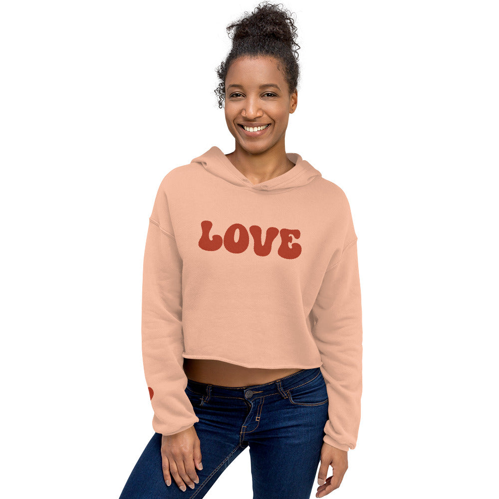 Valentine's Day Women's Crop Hoodie - LOVE Heart on Sleeve Hooded Sweatshirt for Ladies - Casual Long Sleeved Graphic Shirt