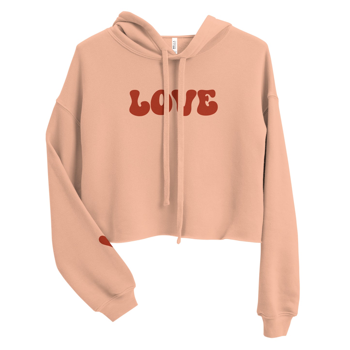 Valentine's Day Women's Crop Hoodie - LOVE Heart on Sleeve Hooded Sweatshirt for Ladies - Casual Long Sleeved Graphic Shirt