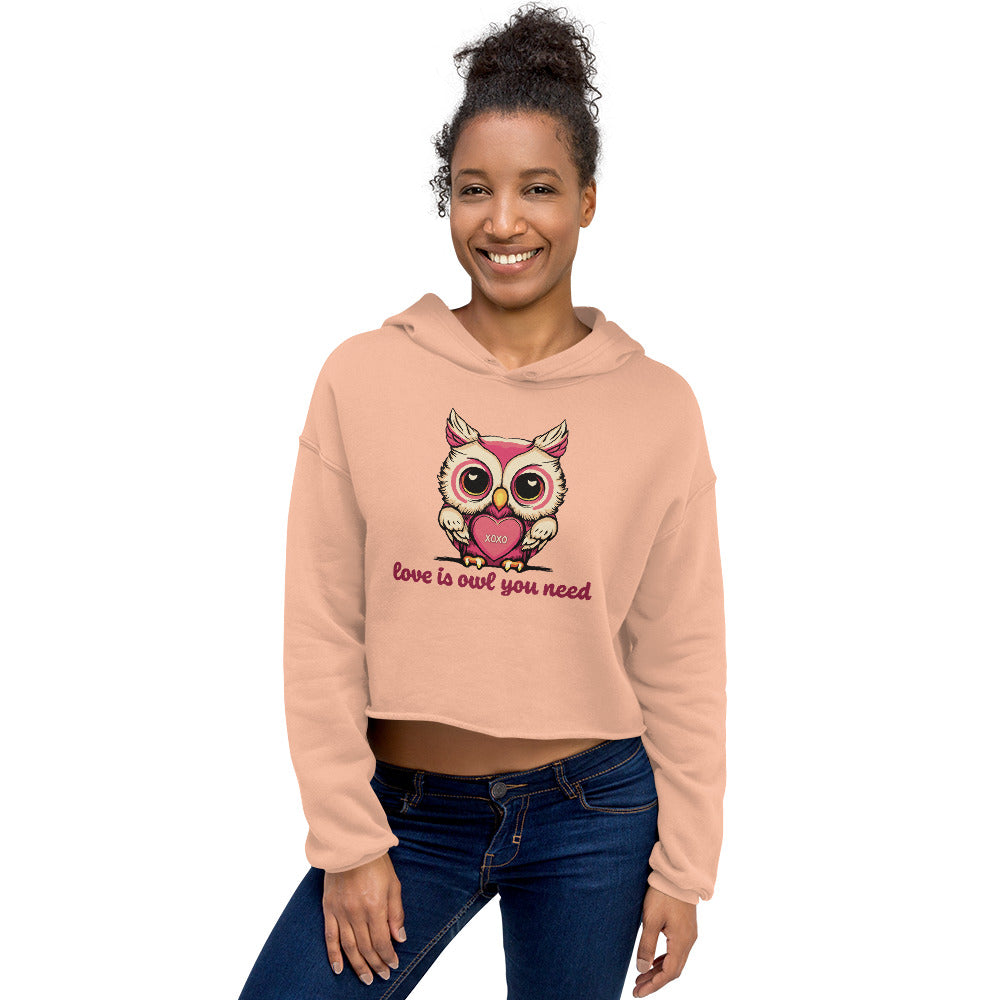 Women's Valentine's Day Cropped Hoodie, Love is Owl You Need - Cute Owl Graphic Crop Hooded Sweatshirt for Ladies