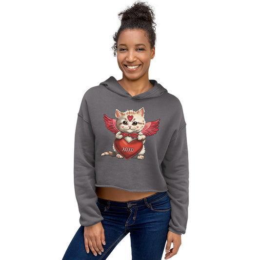 Women's Valentine's Day Crop Hoodie, Cupid Kitten Cropped Hooded Sweatshirt - XOXO Heart Cat Graphic Long Sleeve Shirt for Ladies