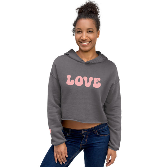 Valentine's Day Women's Crop Hoodie - LOVE Heart on Sleeve Hooded Sweatshirt for Ladies - Casual Long Sleeved Graphic Shirt