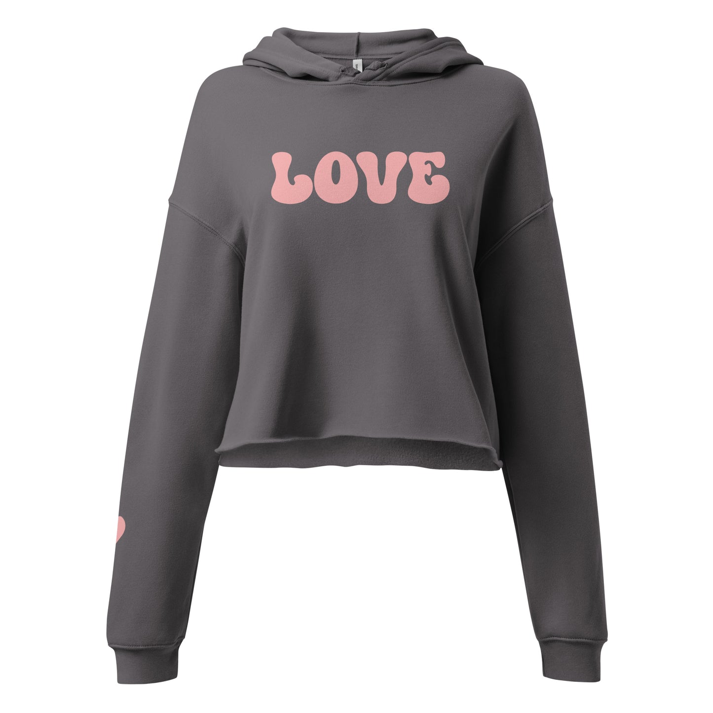 Valentine's Day Women's Crop Hoodie - LOVE Heart on Sleeve Hooded Sweatshirt for Ladies - Casual Long Sleeved Graphic Shirt