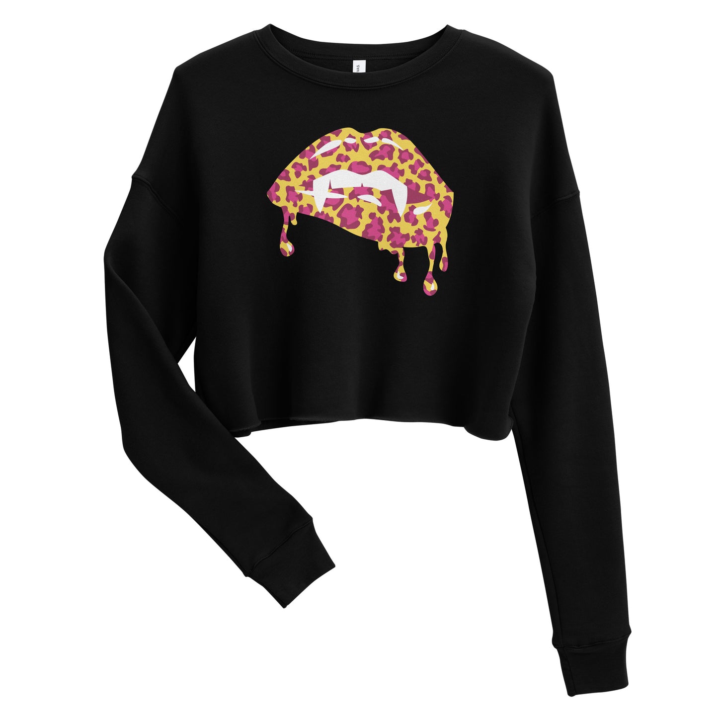 Women's Halloween Graphic Shirt - Dripping Vampire Bite Lips Cheetah Spot Design - Ladies Long Sleeve Cropped Sweatshirt