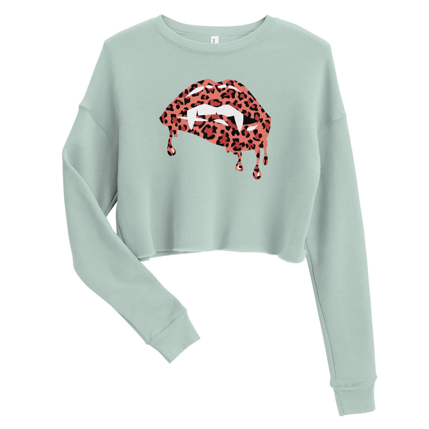 Women's Halloween Graphic Shirt - Dripping Vampire Bite Lips Cheetah Spot Design - Ladies Long Sleeve Cropped Sweatshirt