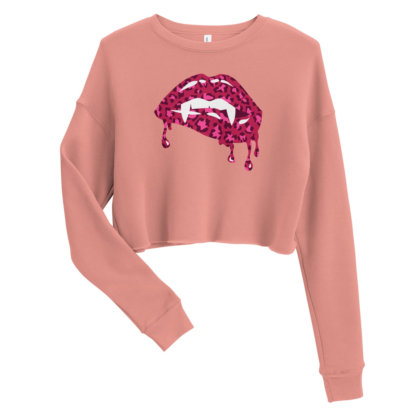 Women's Halloween Graphic Shirt - Dripping Vampire Bite Lips Cheetah Spot Design - Ladies Long Sleeve Cropped Sweatshirt