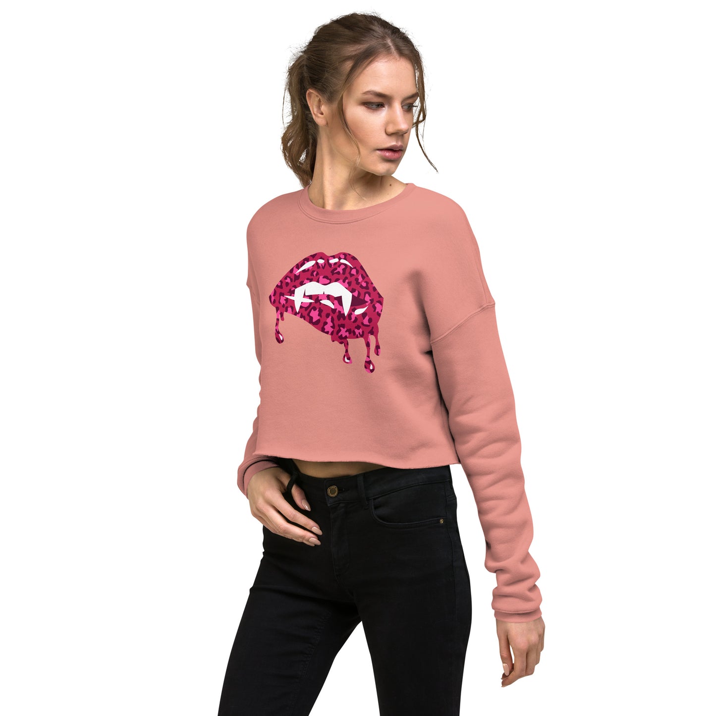 Women's Halloween Graphic Shirt - Dripping Vampire Bite Lips Cheetah Spot Design - Ladies Long Sleeve Cropped Sweatshirt