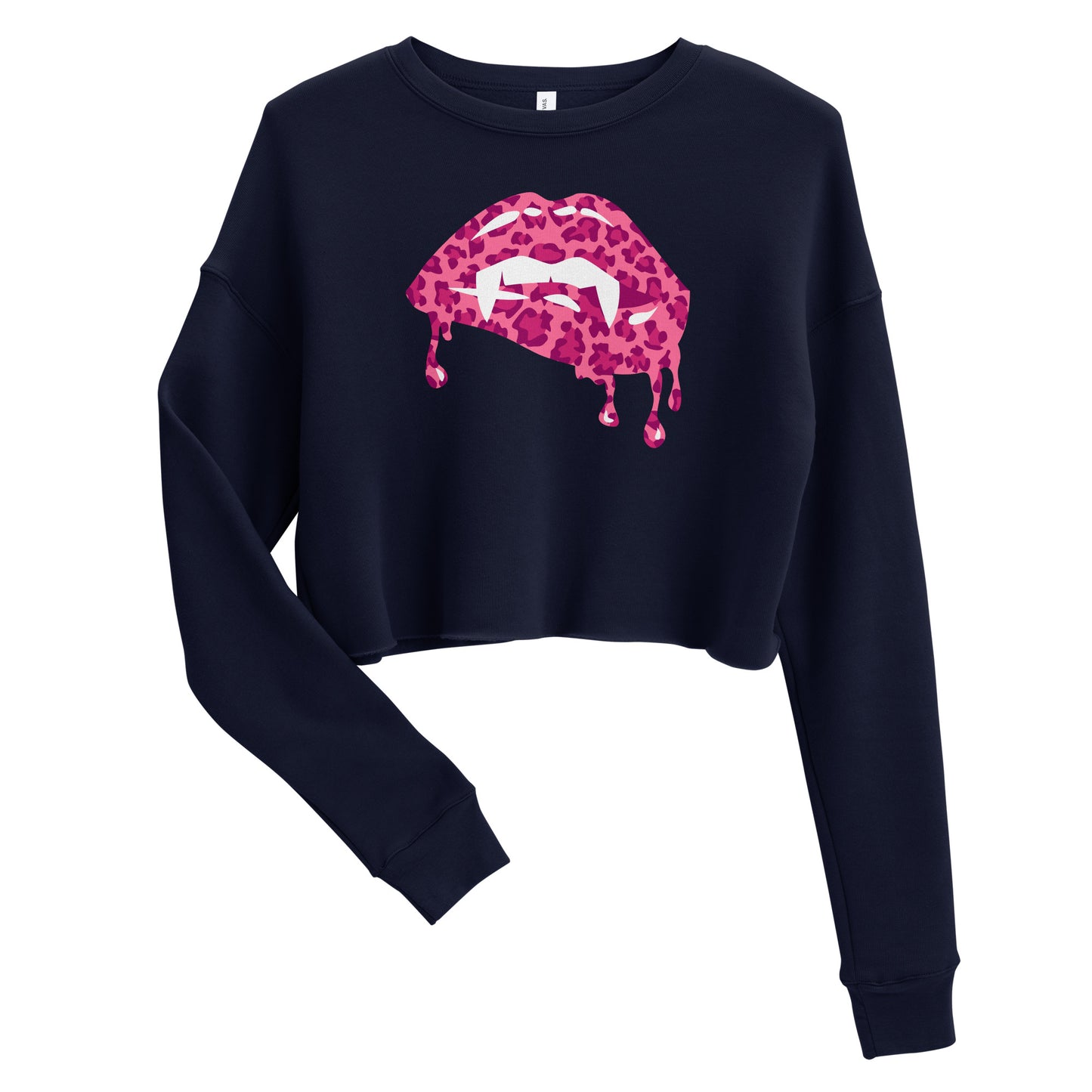 Women's Halloween Graphic Shirt - Dripping Vampire Bite Lips Cheetah Spot Design - Ladies Long Sleeve Cropped Sweatshirt