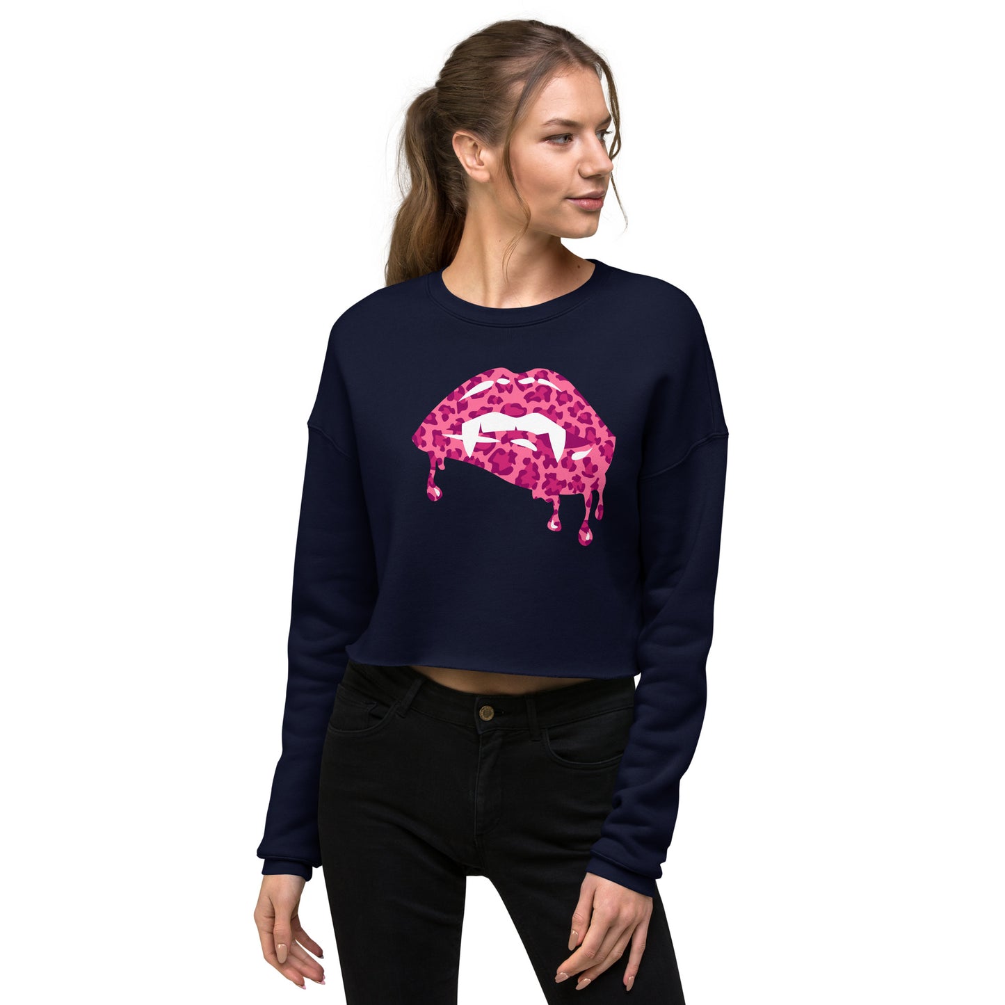 Women's Halloween Graphic Shirt - Dripping Vampire Bite Lips Cheetah Spot Design - Ladies Long Sleeve Cropped Sweatshirt