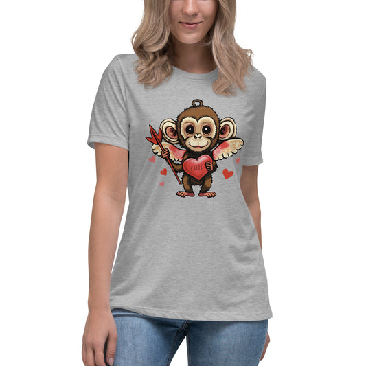 Women's Valentine's Day Relaxed T Shirt - Cupid Monkey Cute Tee for Ladies - Casual Women's Clothing - Short Sleeve Shirt with Hearts and Animal Graphic