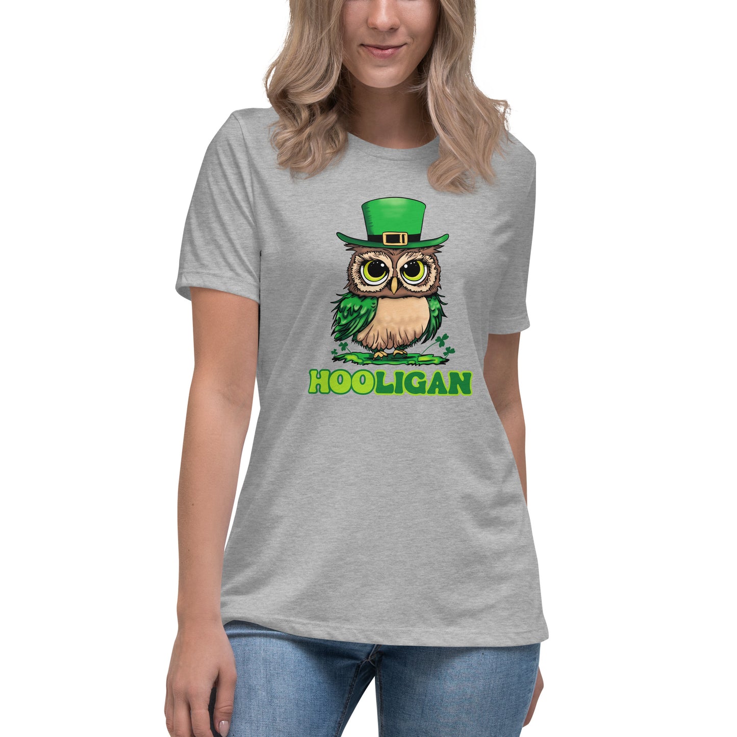 St. Patrick's Day Women's  T-Shirt, Cute Owl Shamrock Tee, Hooligan Ladies Short Sleeve Relaxed Fit Shirt