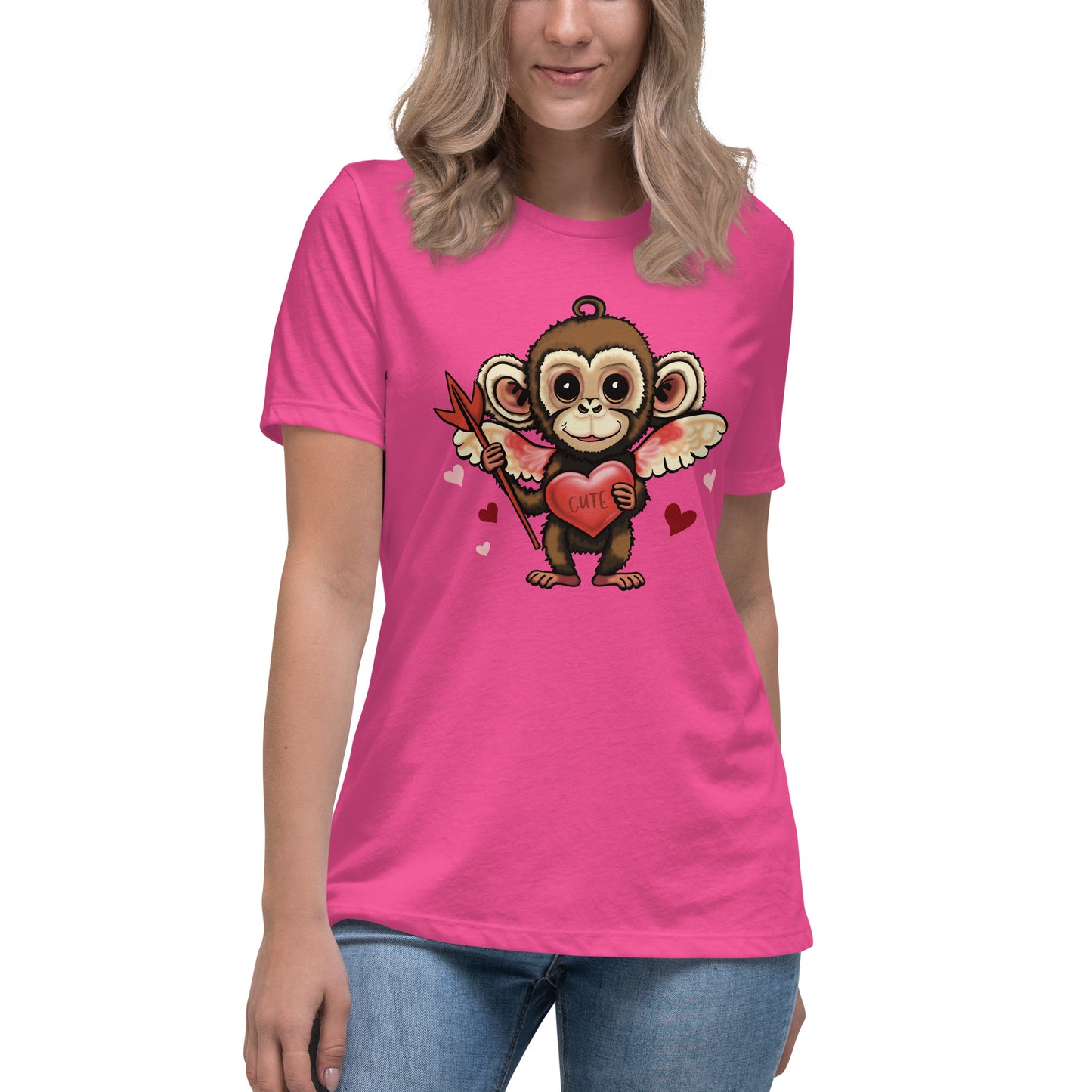 Women's Valentine's Day Relaxed T Shirt - Cupid Monkey Cute Tee for Ladies - Casual Women's Clothing - Short Sleeve Shirt with Hearts and Animal Graphic