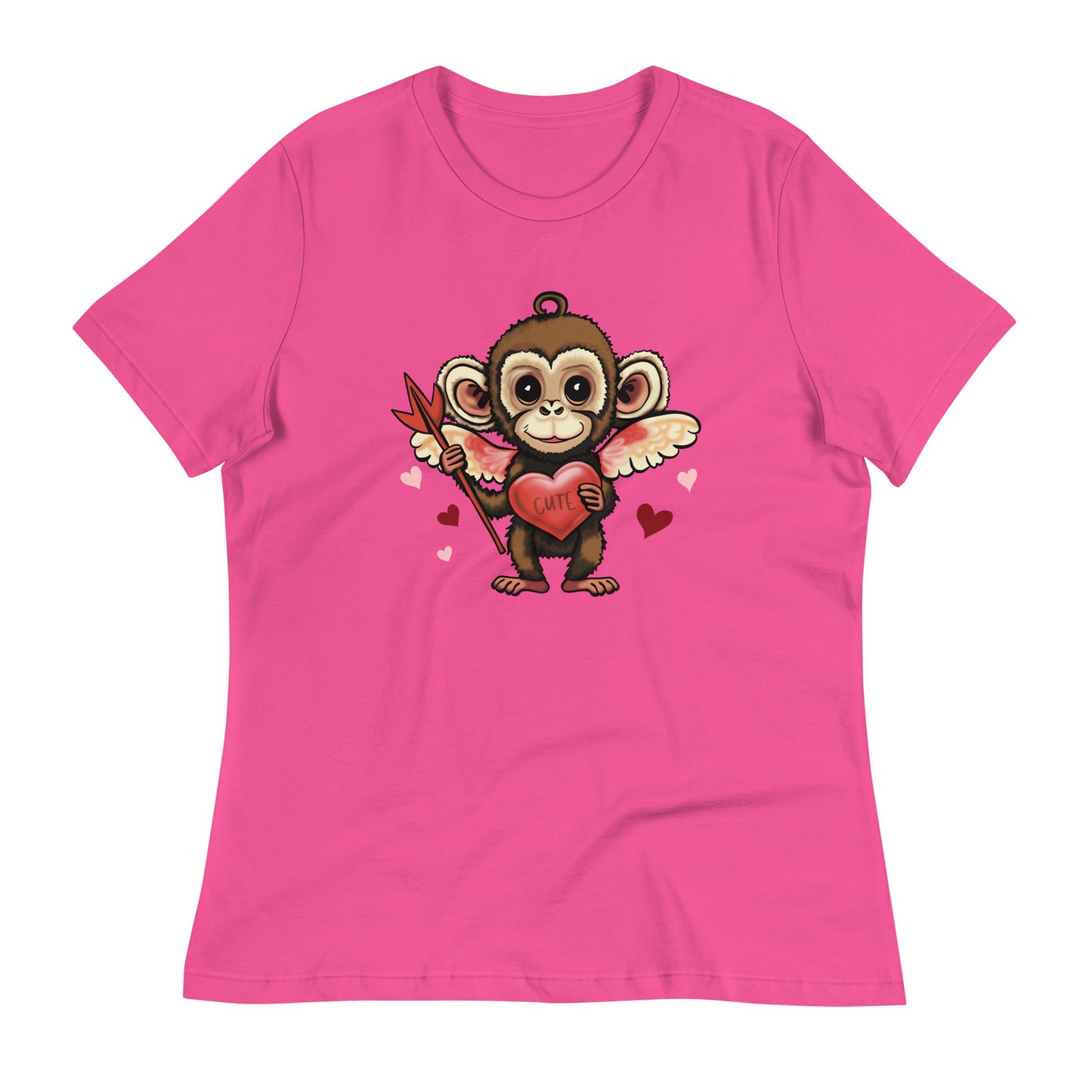 Women's Valentine's Day Relaxed T Shirt - Cupid Monkey Cute Tee for Ladies - Casual Women's Clothing - Short Sleeve Shirt with Hearts and Animal Graphic