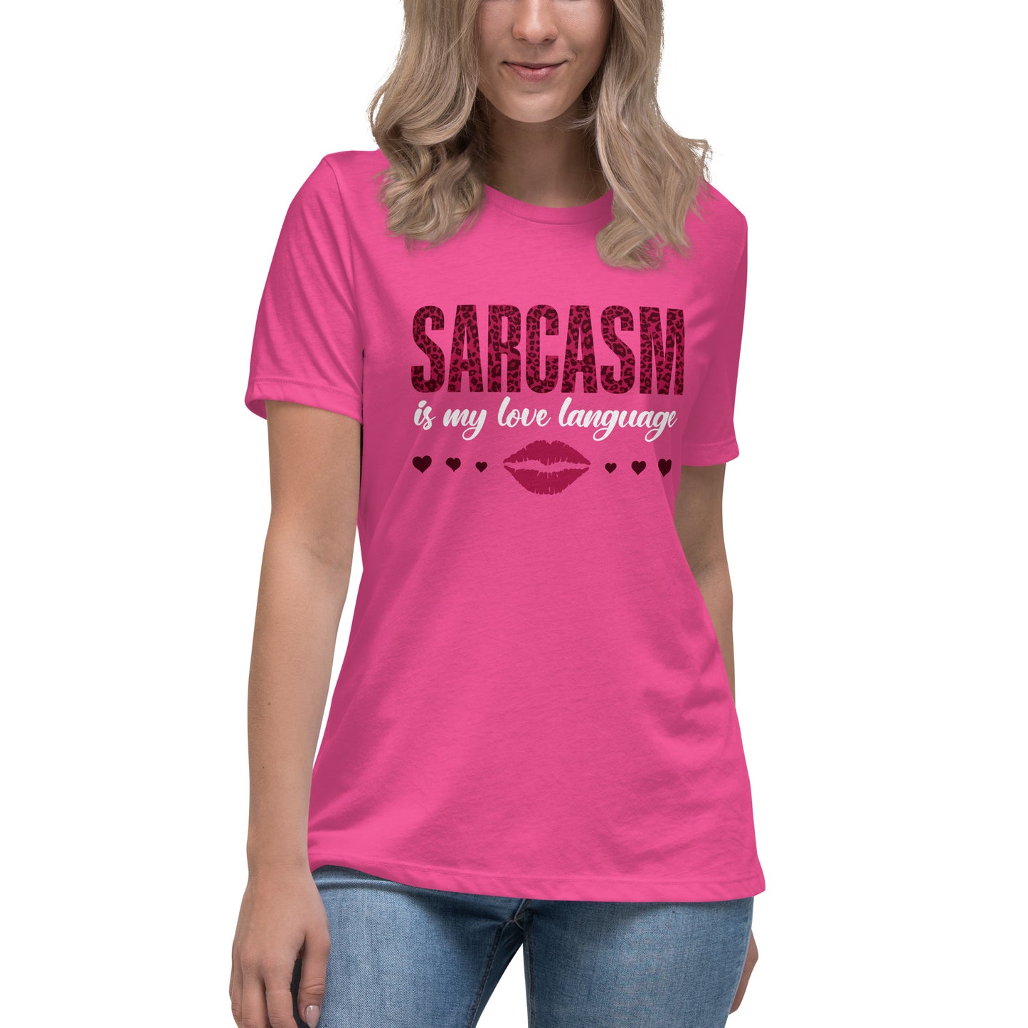 Women's Valentine's Day T Shirt - Sarcasm Is My Love Language Ladies Relaxed Fit Tee - Humorous Sarcastic Red Lips and Hearts Short Sleeve Shirt - Leopard Spots Valentine's Day Graphic Shirt