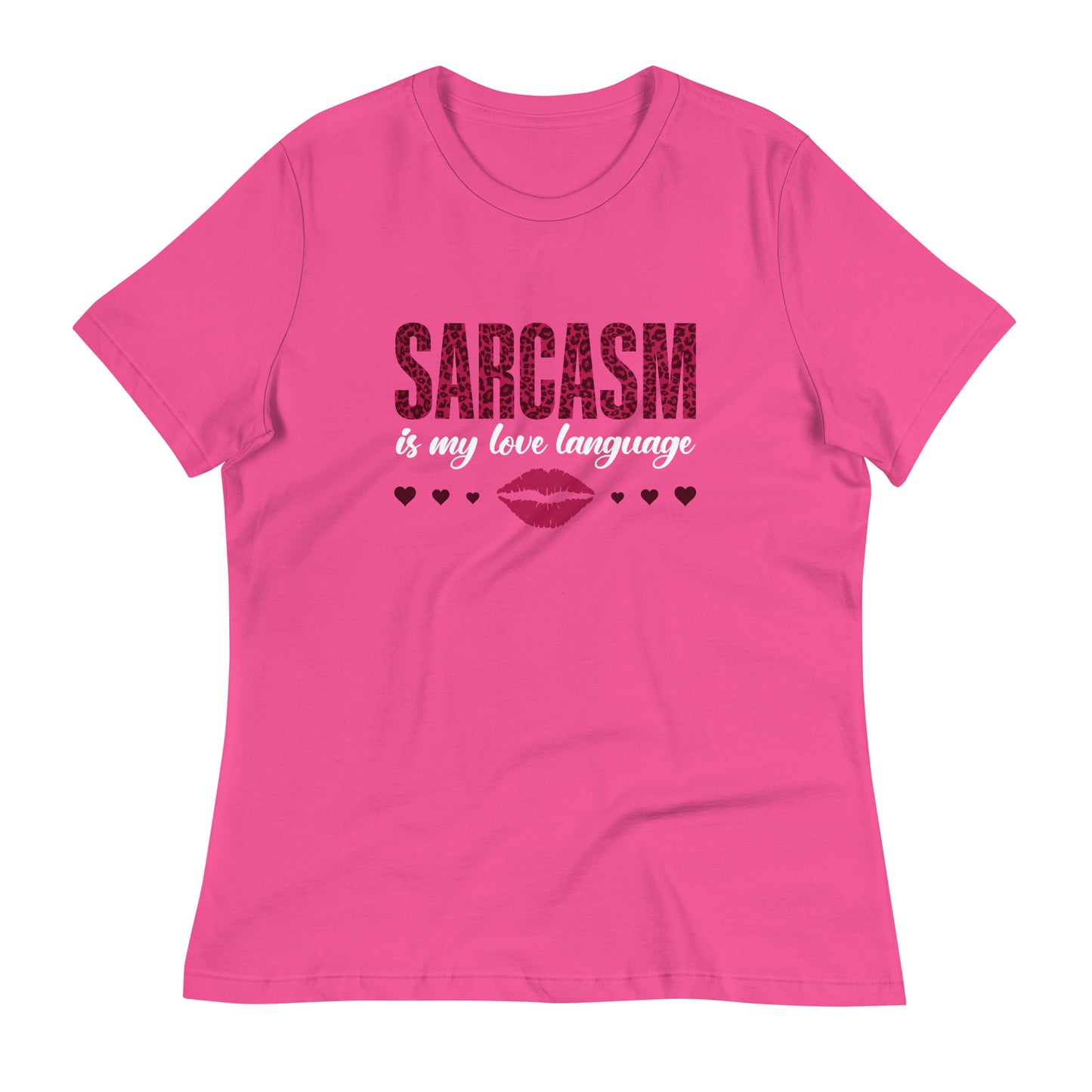 Women's Valentine's Day T Shirt - Sarcasm Is My Love Language Ladies Relaxed Fit Tee - Humorous Sarcastic Red Lips and Hearts Short Sleeve Shirt - Leopard Spots Valentine's Day Graphic Shirt