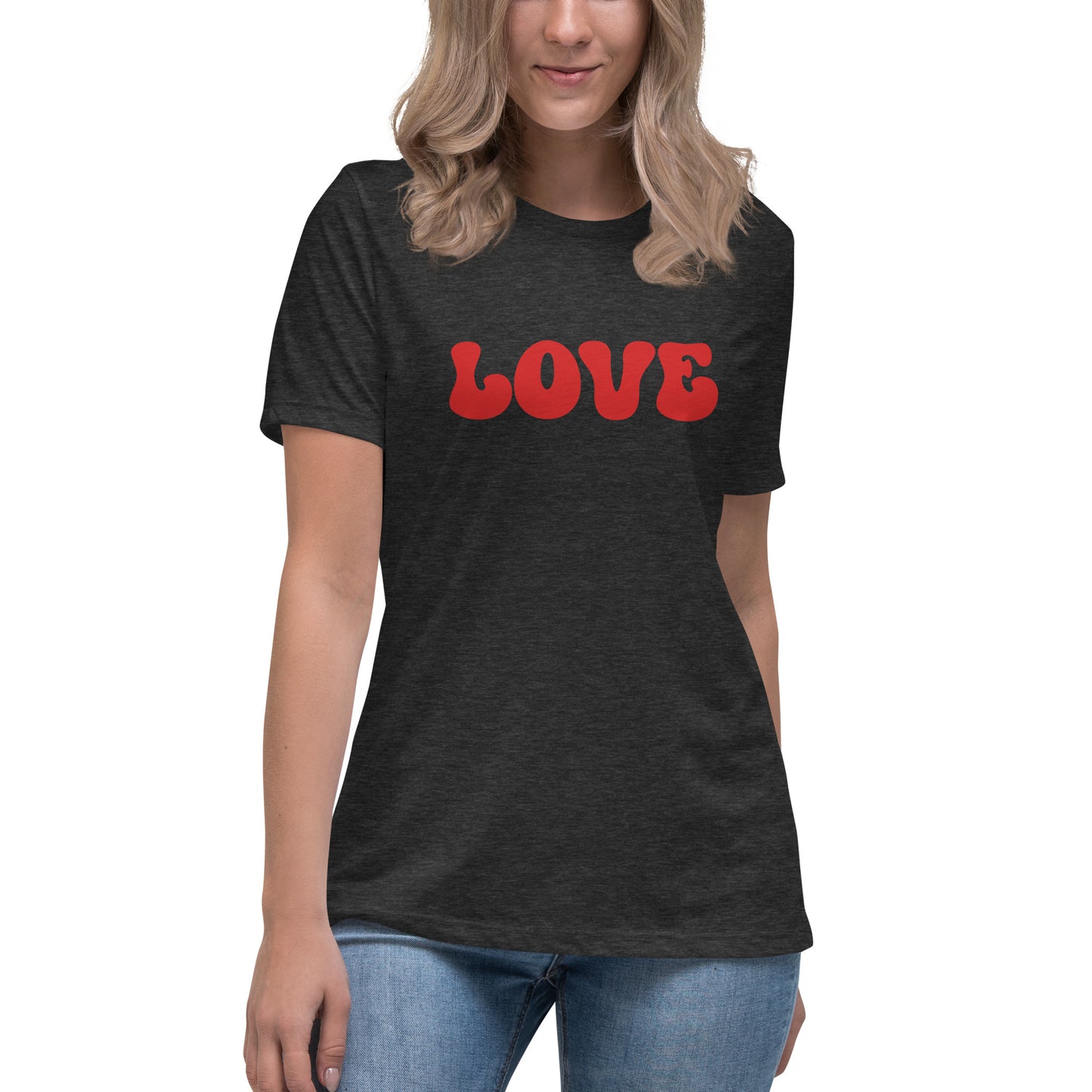 Women's Relaxed Fit T-Shirt - Valentine's Day LOVE Tee With Retro Bubble Lettering - Ladies Short Sleeve Shirt