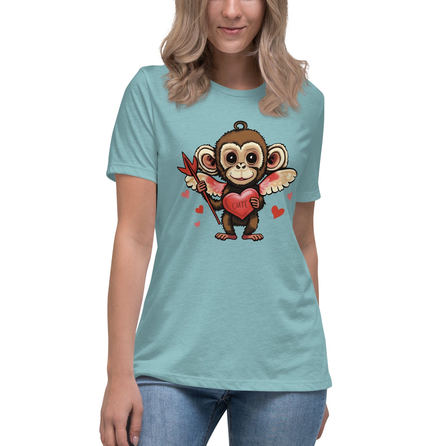 Women's Valentine's Day Relaxed T Shirt - Cupid Monkey Cute Tee for Ladies - Casual Women's Clothing - Short Sleeve Shirt with Hearts and Animal Graphic