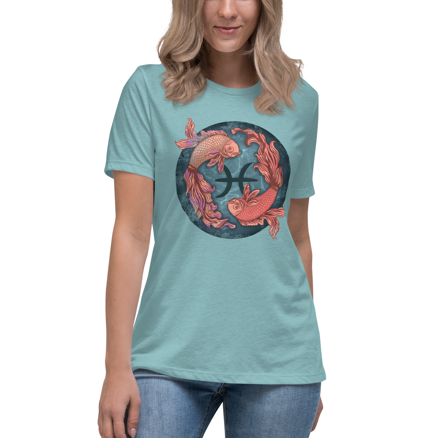 Pisces Women's Relaxed Fit T-Shirt, Short Sleeve Zodiac Sign Tee Birthday Gift for Her - 2 Swimming Fish - Celestial Astrology Gift for Ladies