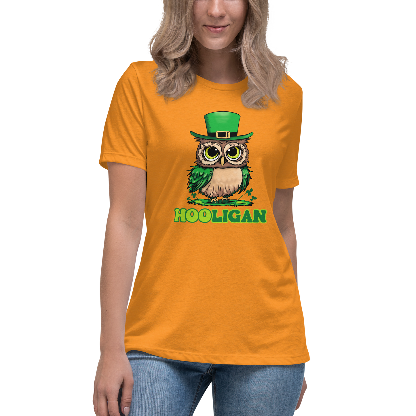 St. Patrick's Day Women's  T-Shirt, Cute Owl Shamrock Tee, Hooligan Ladies Short Sleeve Relaxed Fit Shirt