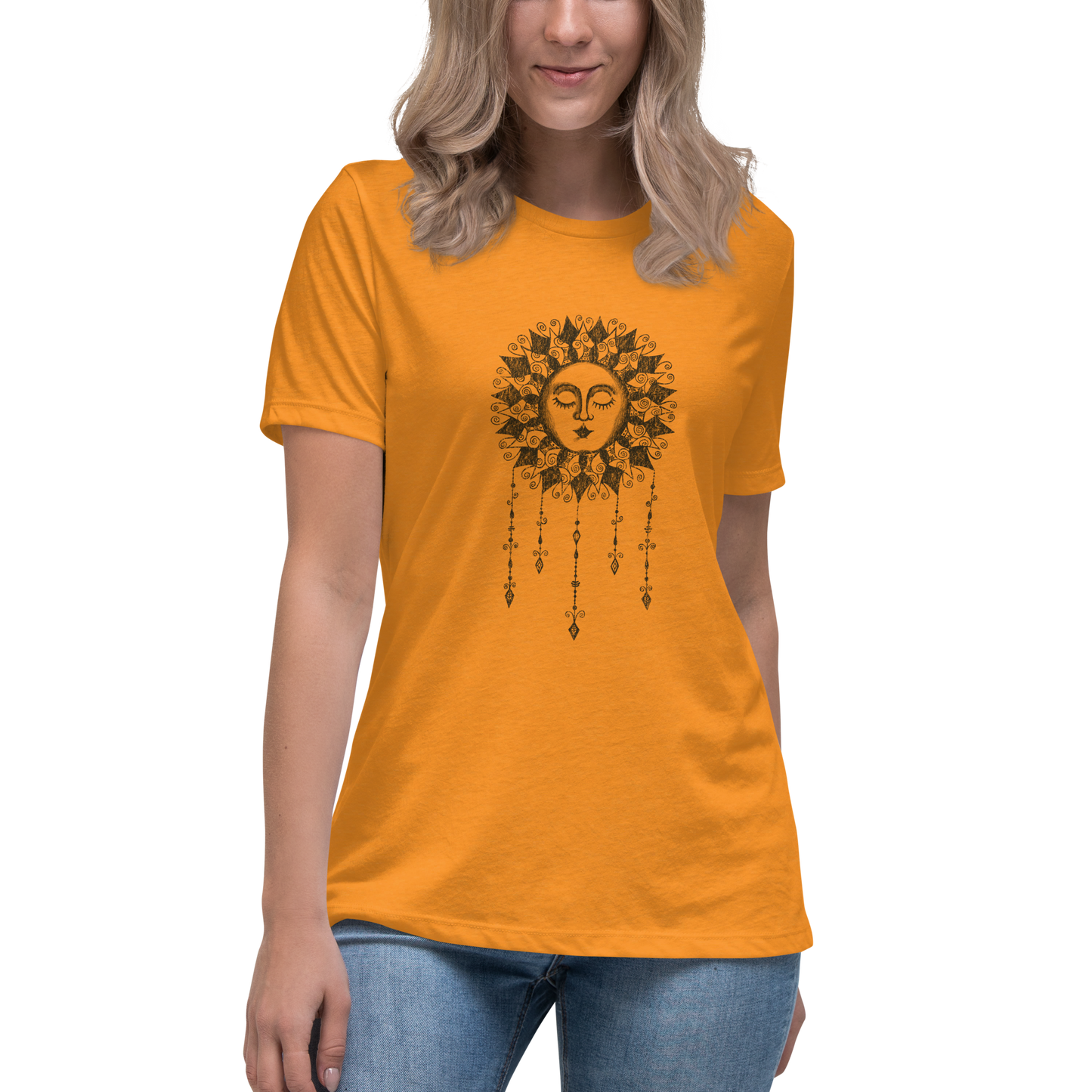 Women's Graphic Tee Boho Sun, Ladies Relaxed Fit T-Shirt, Sun with Face Celestial Art Short Sleeve Shirt for Her