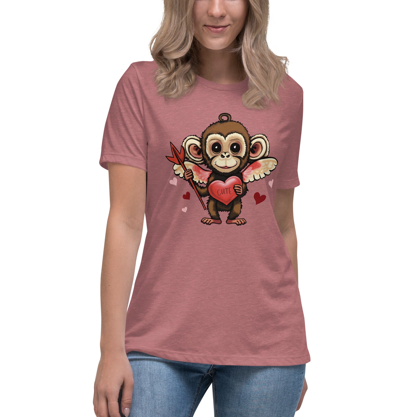 Women's Valentine's Day Relaxed T Shirt - Cupid Monkey Cute Tee for Ladies - Casual Women's Clothing - Short Sleeve Shirt with Hearts and Animal Graphic