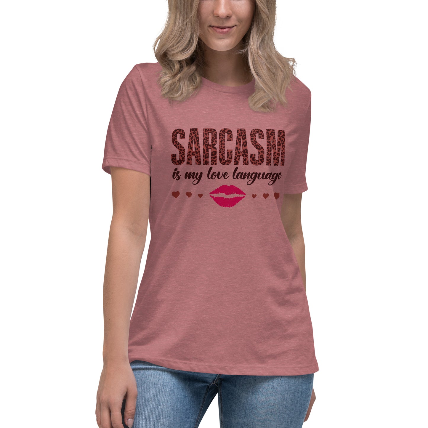 Women's Valentine's Day T Shirt - Sarcasm Is My Love Language Ladies Relaxed Fit Tee - Humorous Sarcastic Red Lips and Hearts Short Sleeve Shirt - Leopard Spots Valentine's Day Graphic Shirt