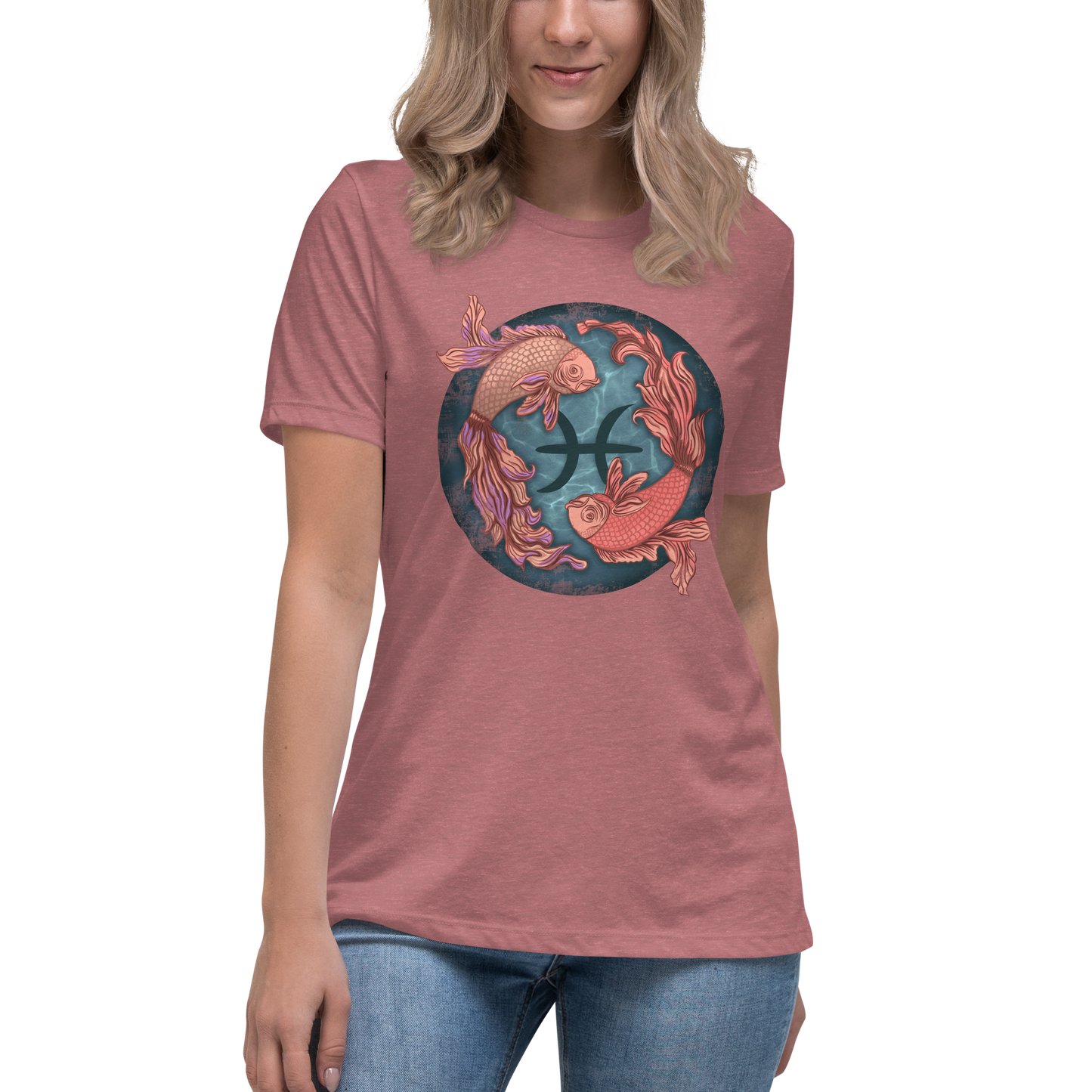 Pisces Women's Relaxed Fit T-Shirt, Short Sleeve Zodiac Sign Tee Birthday Gift for Her - 2 Swimming Fish - Celestial Astrology Gift for Ladies