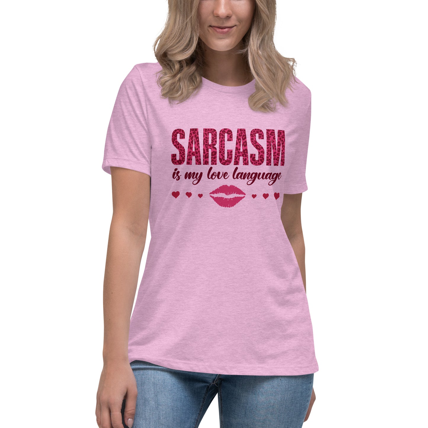 Women's Valentine's Day T Shirt - Sarcasm Is My Love Language Ladies Relaxed Fit Tee - Humorous Sarcastic Red Lips and Hearts Short Sleeve Shirt - Leopard Spots Valentine's Day Graphic Shirt