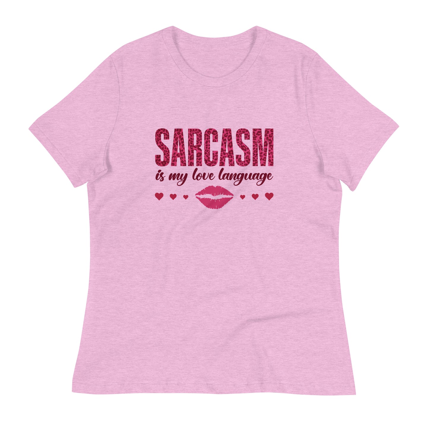 Women's Valentine's Day T Shirt - Sarcasm Is My Love Language Ladies Relaxed Fit Tee - Humorous Sarcastic Red Lips and Hearts Short Sleeve Shirt - Leopard Spots Valentine's Day Graphic Shirt