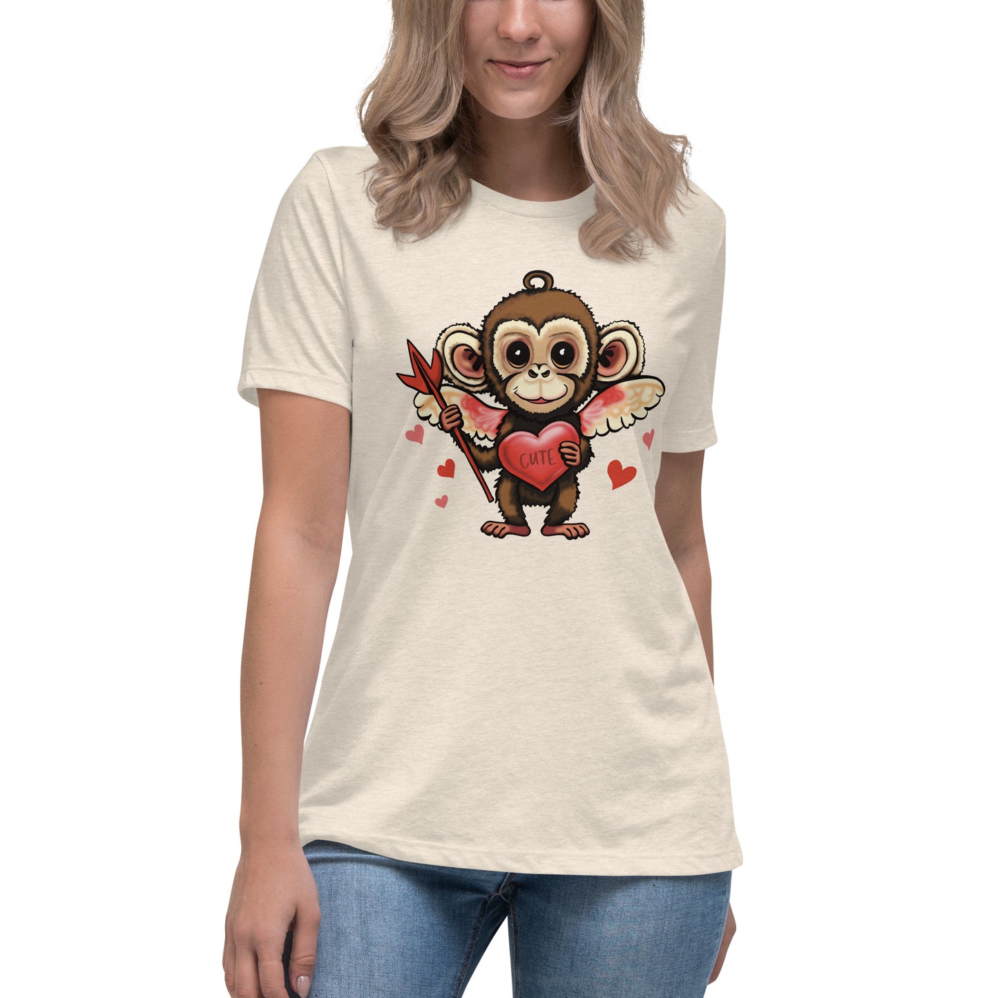 Women's Valentine's Day Relaxed T Shirt - Cupid Monkey Cute Tee for Ladies - Casual Women's Clothing - Short Sleeve Shirt with Hearts and Animal Graphic